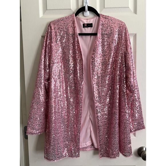 Kancy Kole Jackets & Blazers - KANCY KOLE Pink All Over Sequin Open Front Cardigan Jacket Blazer Sz L